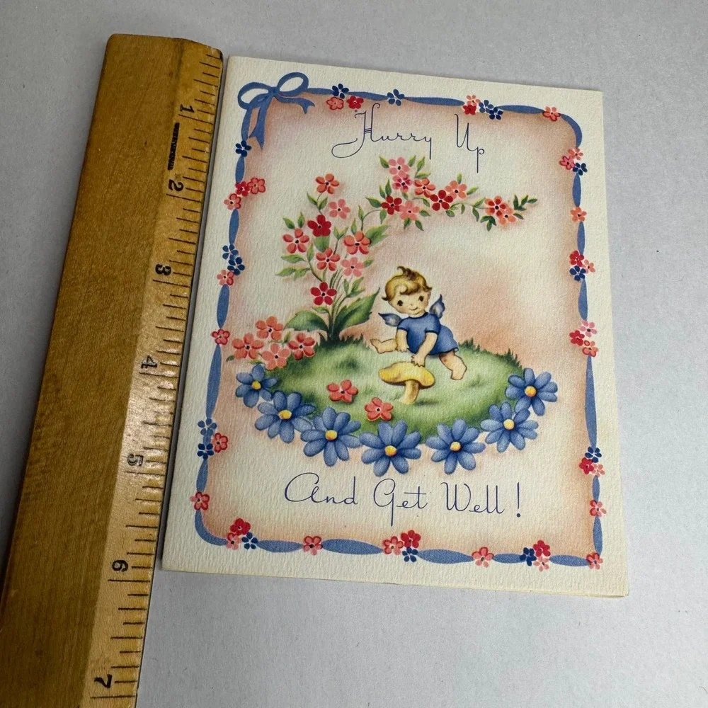 Vintage Get Well Soon Greeting Card Blue Bird Flowers Mid Century‎ Ephemera